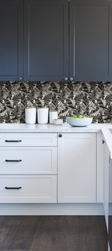 Pindo Wood Cut Palm Black Peel & Stick Wallpaper with Botanical Leaf Pattern, Bohemian Style - MS6136
