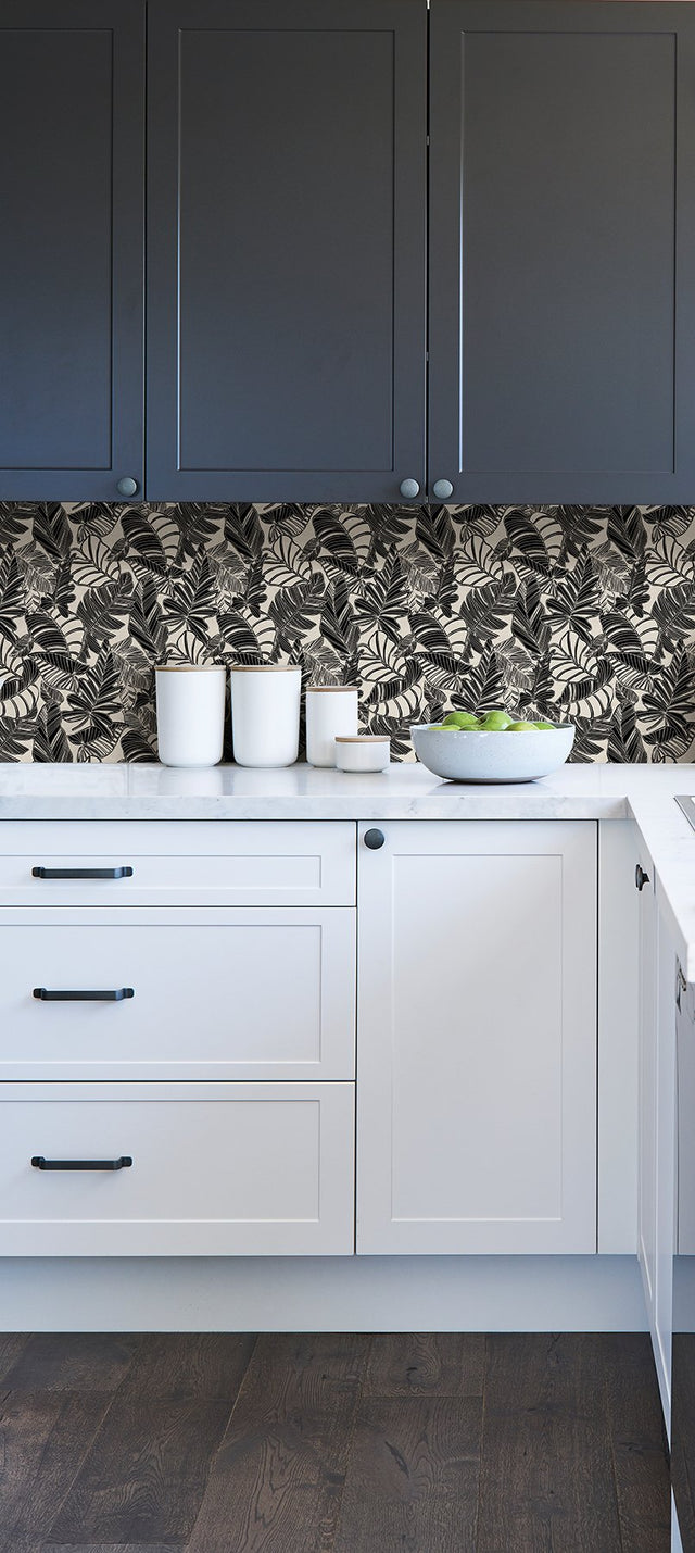 Pindo Wood Cut Palm Black Peel & Stick Wallpaper with Botanical Leaf Pattern, Bohemian Style - MS6136