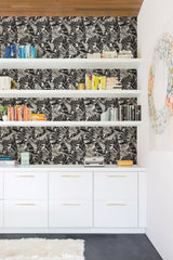 Pindo Wood Cut Palm Black Peel & Stick Wallpaper with Botanical Leaf Pattern, Bohemian Style - MS6136