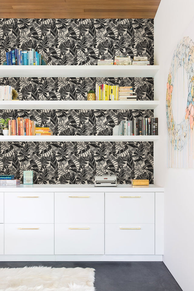 Pindo Wood Cut Palm Black Peel & Stick Wallpaper with Botanical Leaf Pattern, Bohemian Style - MS6136