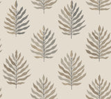 Miramar Sand Wallpaper by York Wallcoverings featuring a breezy coastal botanical palm leaf pattern in taupe and grey tones on a soft cream background