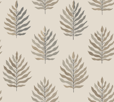 Miramar Sand Wallpaper by York Wallcoverings featuring a breezy coastal botanical palm leaf pattern in taupe and grey tones on a soft cream background