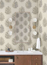 Miramar Sand by York Wallcoverings Coastal Botanical Palm Leaf Wallpaper Taupe Grey on Cream Non Woven Montecito Collection - MT5604