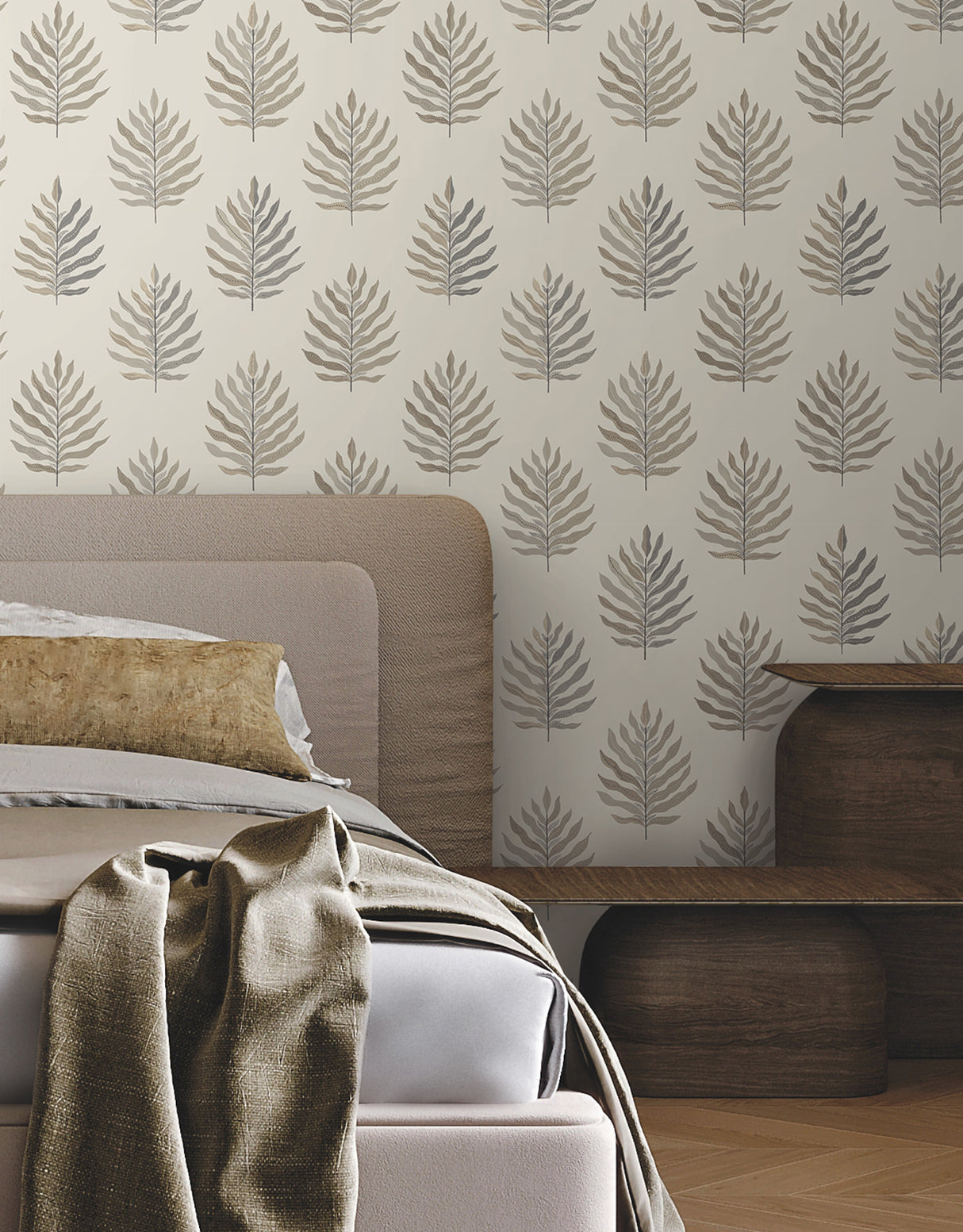 Miramar Sand by York Wallcoverings Coastal Botanical Palm Leaf Wallpaper Taupe Grey on Cream Non Woven Montecito Collection - MT5604