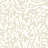 Olive Mill Beach Wallpaper by York Wallcoverings featuring white botanical leaf and olive branch silhouettes on a sandy beige background - MT5613