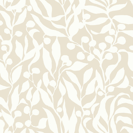 Olive Mill Beach Wallpaper by York Wallcoverings featuring white botanical leaf and olive branch silhouettes on a sandy beige background - MT5613