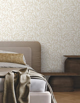 Olive Mill Beach Beige and White Botanical Leaf Silhouette Coastal Wallpaper by York Wallcoverings Montecito Collection - MT5613