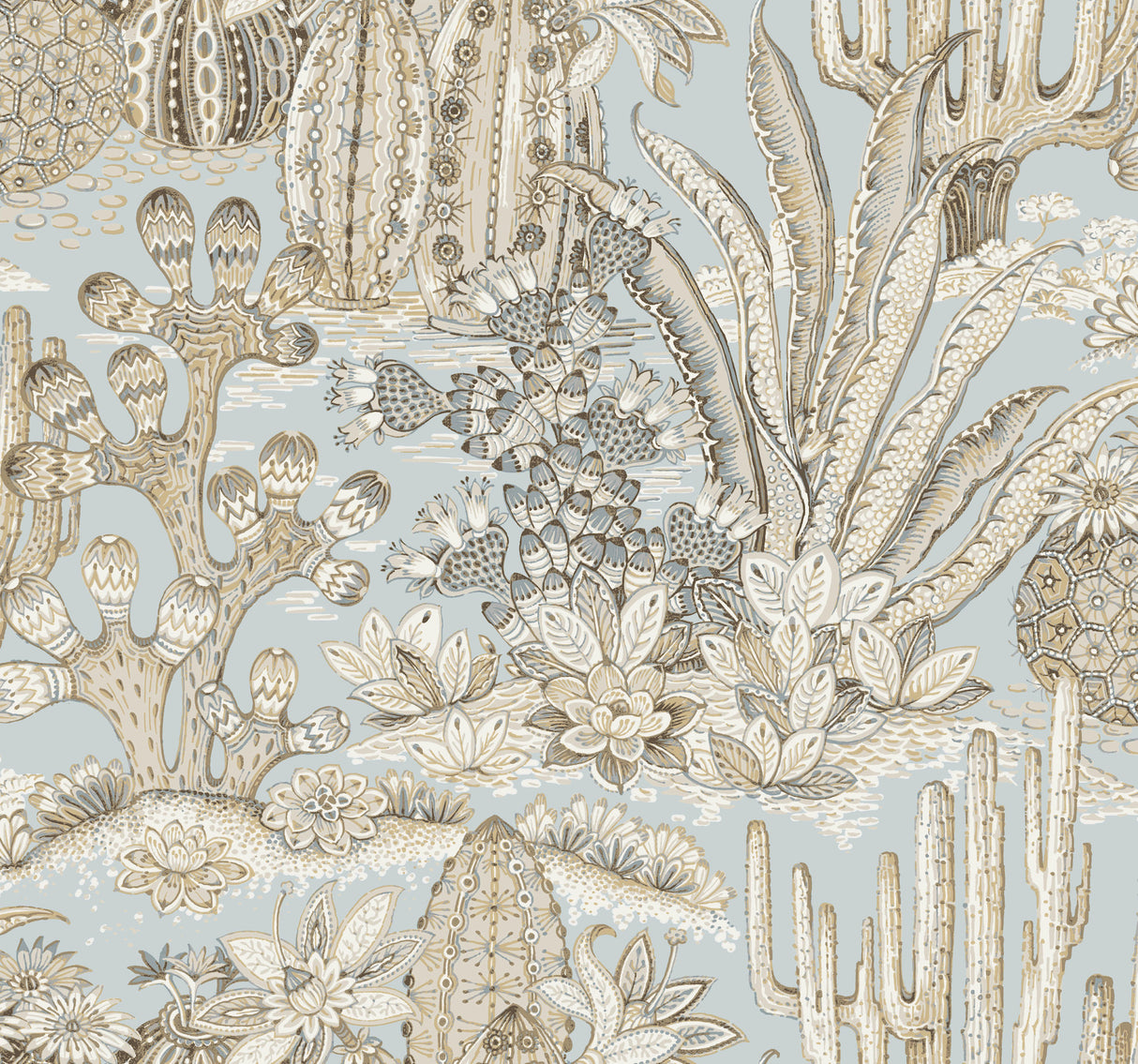 York Wallcoverings Lotus Land Cacti Sky Blue Wallpaper pattern closeup