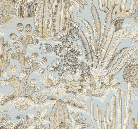 York Wallcoverings Lotus Land Cacti Sky Blue Wallpaper pattern closeup