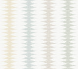 York Woven Desert Coastal wallpaper with serrated vertical stripes in ochre, teal, beige, and sage.