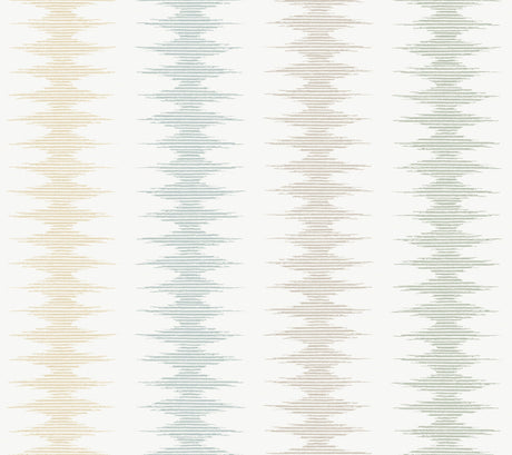 York Woven Desert Coastal wallpaper with serrated vertical stripes in ochre, teal, beige, and sage.