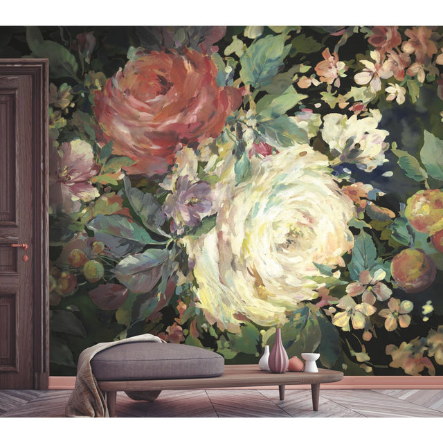 Impressionist Floral Red & Black Wall Mural with Oversized Painterly Flower Motif - York MU0246M