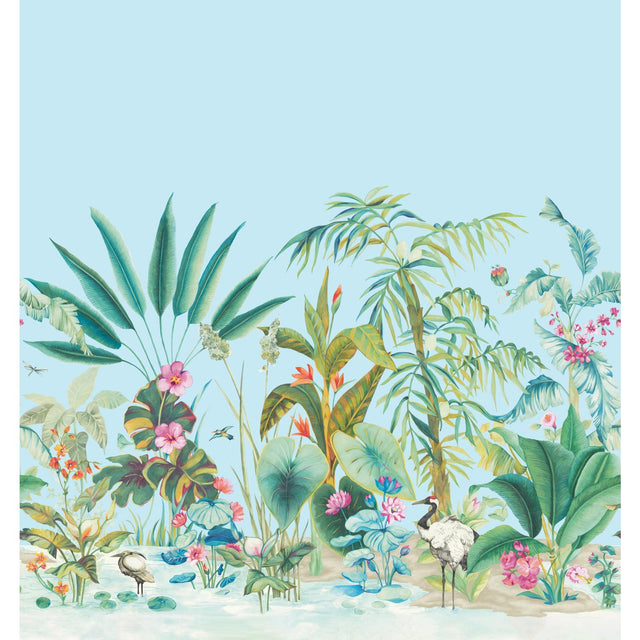 Tropical Panoramic Blue Wall Mural with Tropical Botanical Scene - York MU0255M