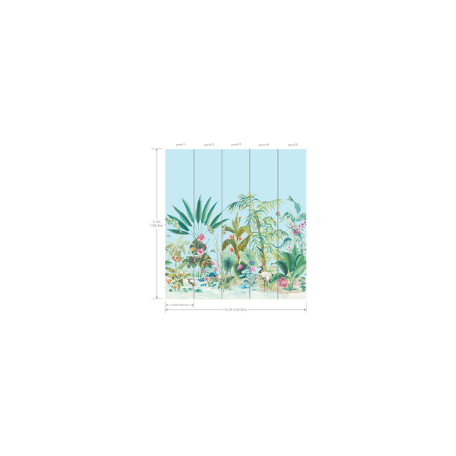 Tropical Panoramic Blue Wall Mural with Tropical Botanical Scene - York MU0255M