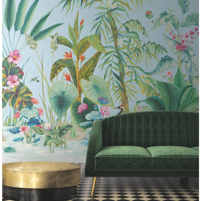 Tropical Panoramic Blue Wall Mural with Tropical Botanical Scene - York MU0255M