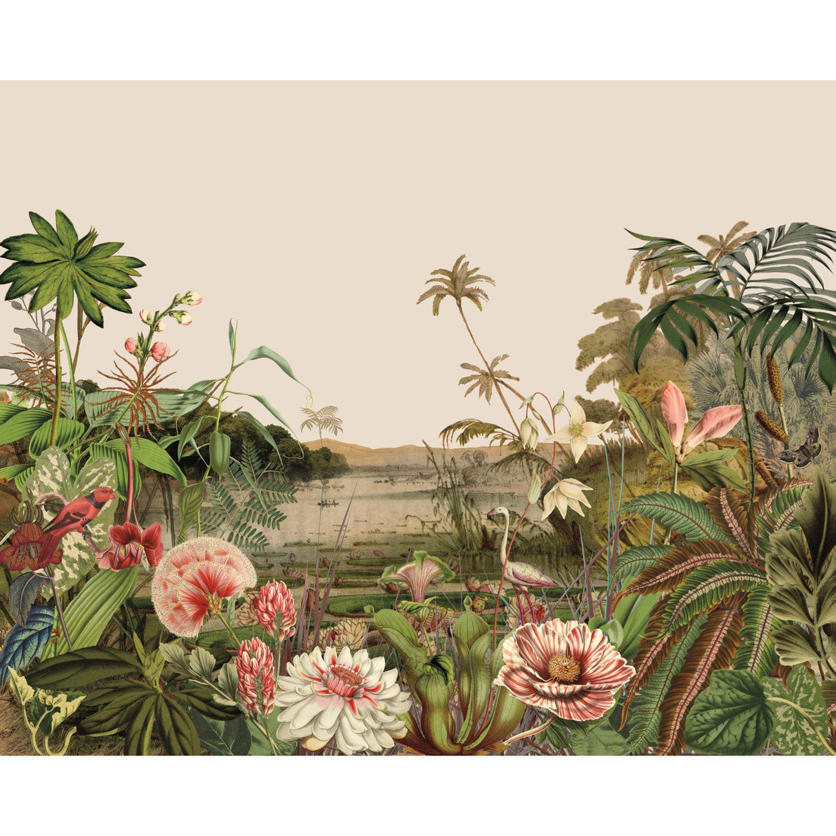 Floating Gardens Green Botanical Wall Mural with Vintage Tropical Garden Scene - York MU0262M