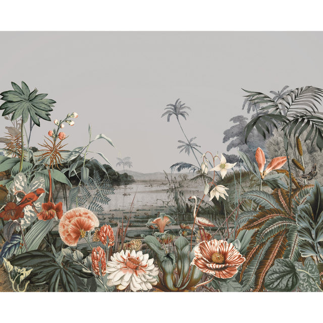 Floating Gardens Grey Botanical Wall Mural with Tropical Landscape - York MU0263M