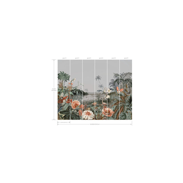 Floating Gardens Grey Botanical Wall Mural with Tropical Landscape - York MU0263M