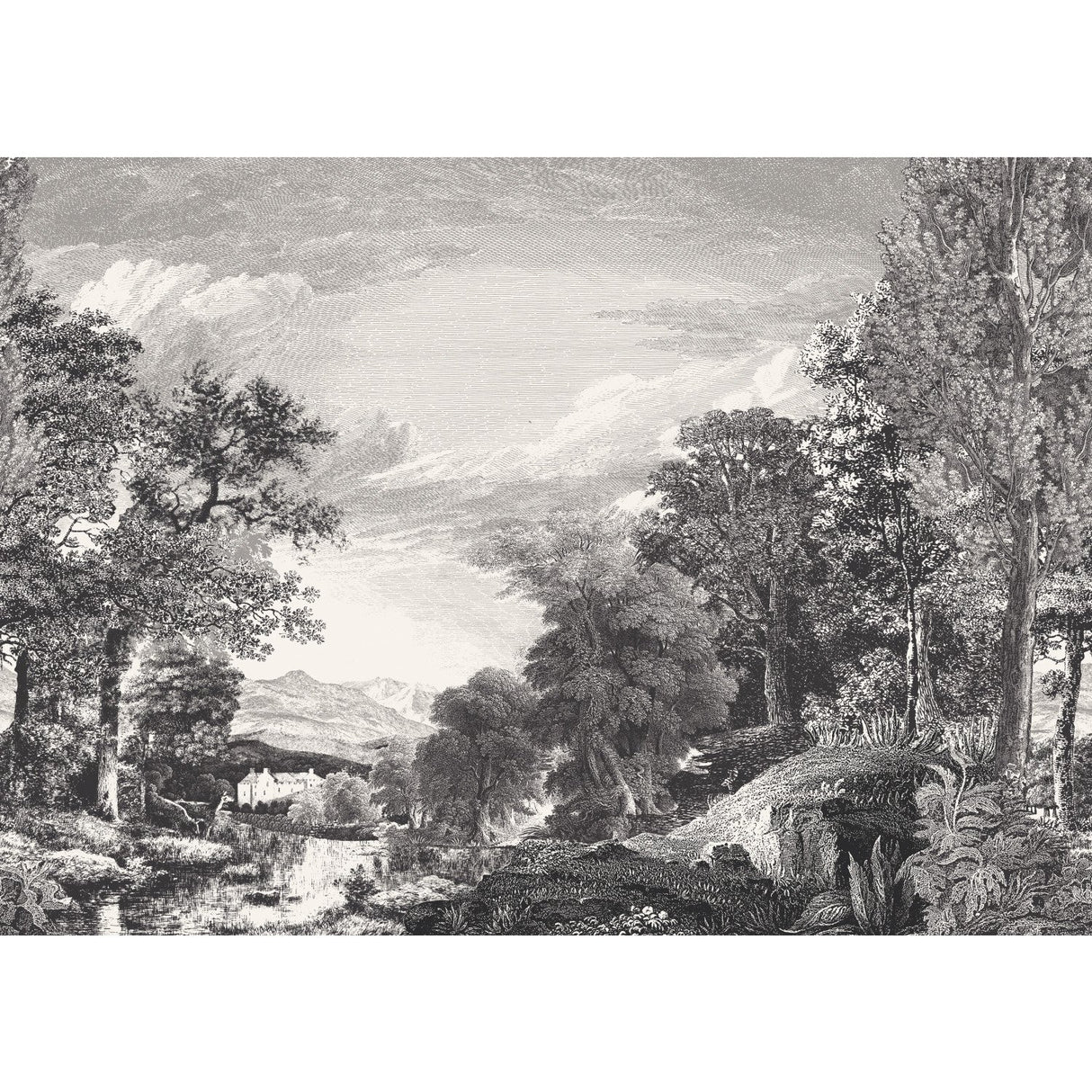 Provincial Scenic Black Wall Mural with Traditional Toile Landscape - York MU0270M