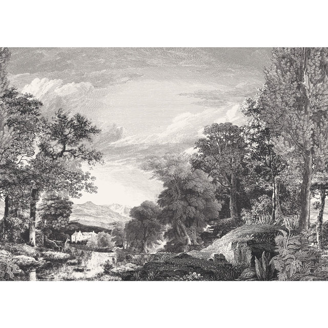 Provincial Scenic Black Wall Mural with Traditional Toile Landscape - York MU0270M