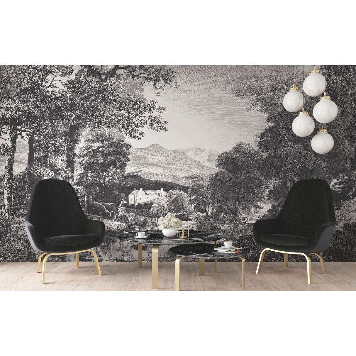 Provincial Scenic Black Wall Mural with Traditional Toile Landscape - York MU0270M