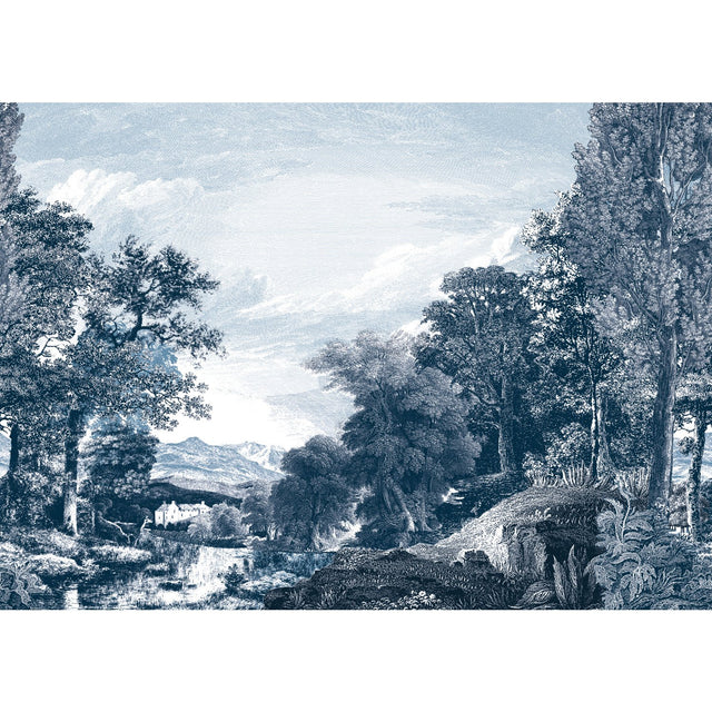 Provincial Scenic Navy Wall Mural with Traditional Toile Landscape - York MU0271M
