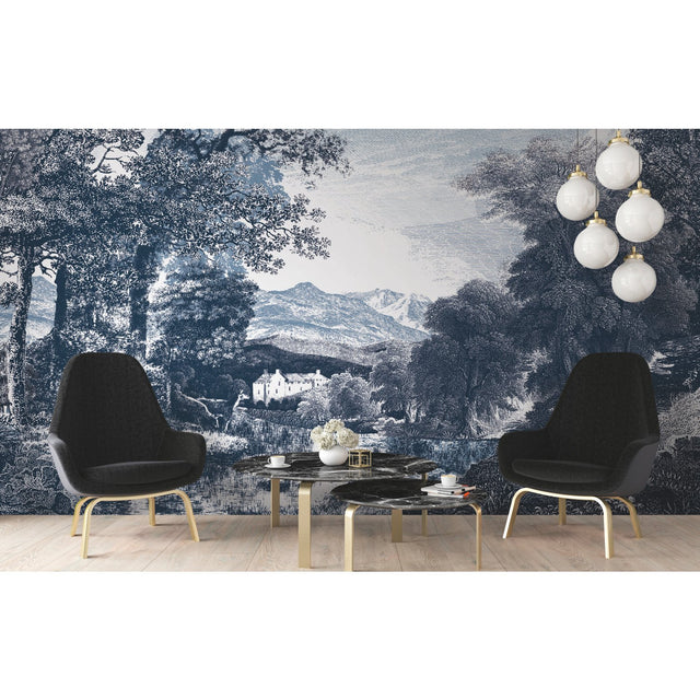Provincial Scenic Navy Wall Mural with Traditional Toile Landscape - York MU0271M