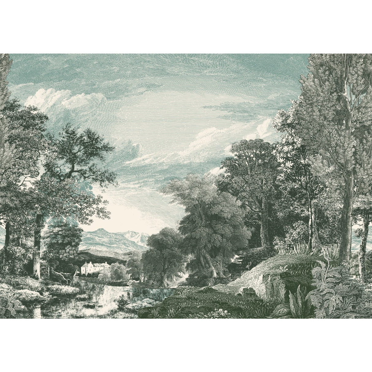 Provincial Scenic Teal Wall Mural with Traditional Scenic Toile Motif - York MU0272M