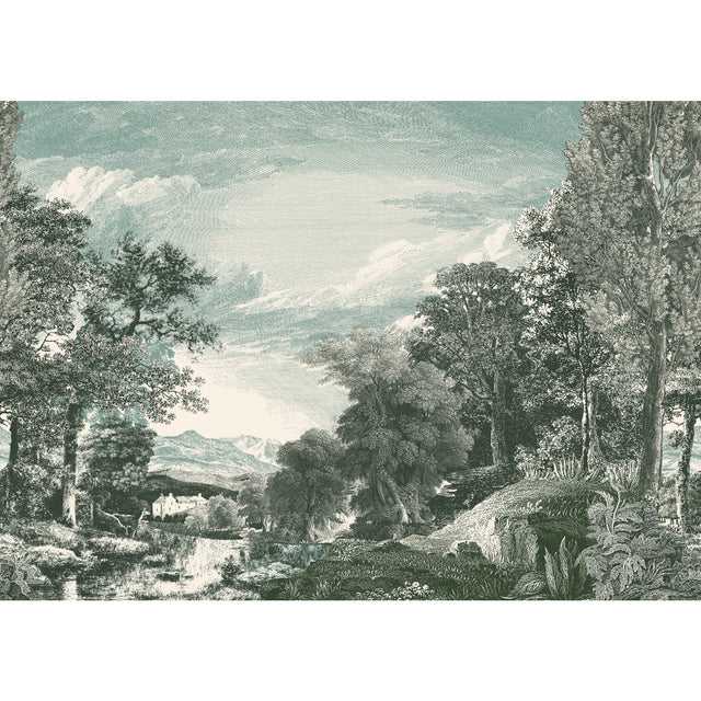 Provincial Scenic Teal Wall Mural with Traditional Scenic Toile Motif - York MU0272M