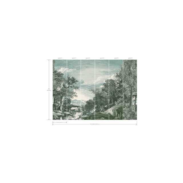 Provincial Scenic Teal Wall Mural with Traditional Scenic Toile Motif - York MU0272M
