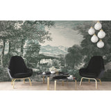 Provincial Scenic Teal Wall Mural with Traditional Scenic Toile Motif - York MU0272M