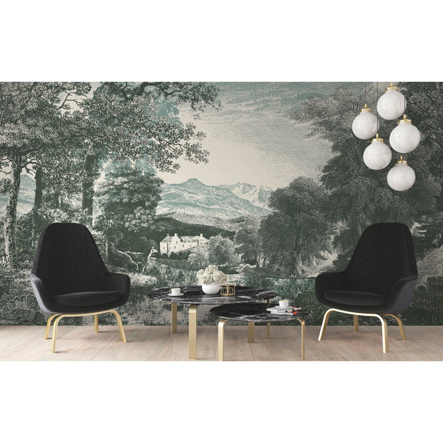 Provincial Scenic Teal Wall Mural with Traditional Scenic Toile Motif - York MU0272M