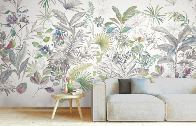 Tropical Green Sisal Grasscloth Wall Mural with Botanical Tropical Study Pattern - York MU0278M