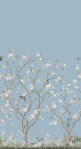 Lingering Garden Sky Blue Wallpaper Mural with Traditional Floral Birds Pattern - York MU0314M