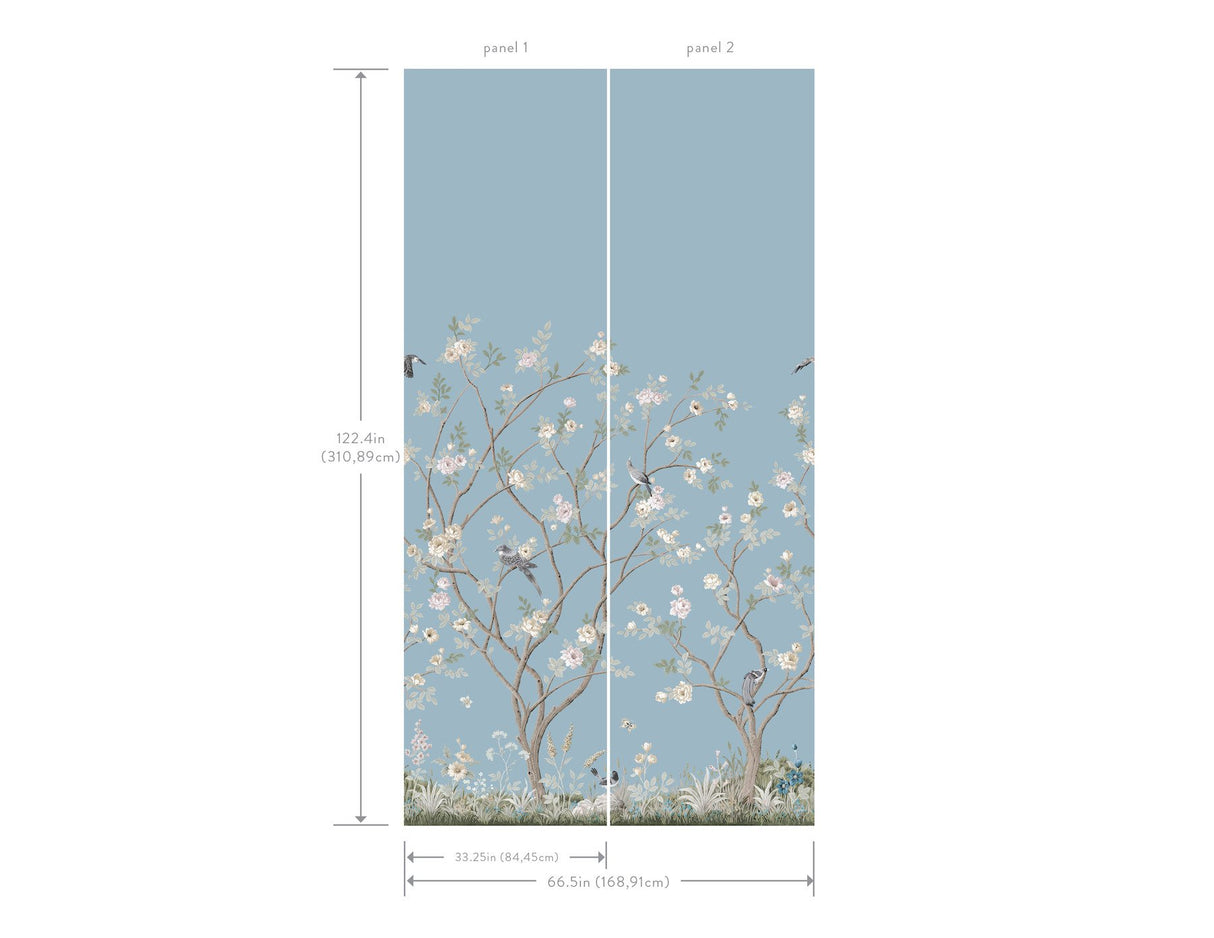Lingering Garden Sky Blue Wallpaper Mural with Traditional Floral Birds Pattern - York MU0314M