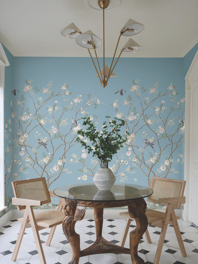 Lingering Garden Sky Blue Wallpaper Mural with Traditional Floral Birds Pattern - York MU0314M