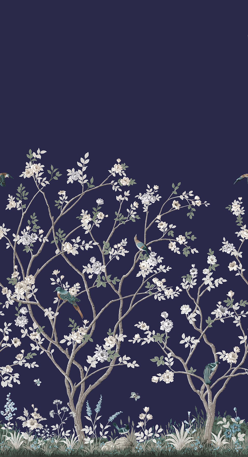 Lingering Garden Navy Wall Mural with Traditional Floral Chinoiserie Motif - York MU0315M