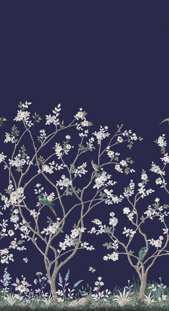 Lingering Garden Navy Wall Mural with Traditional Floral Chinoiserie Motif - York MU0315M