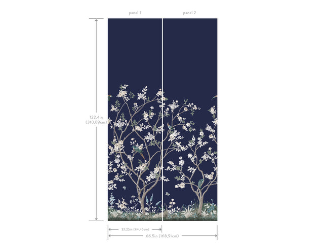Lingering Garden Navy Wall Mural with Traditional Floral Chinoiserie Motif - York MU0315M