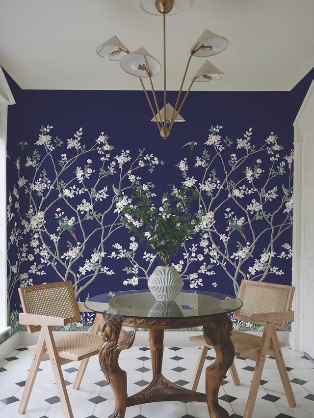 Lingering Garden Navy Wall Mural with Traditional Floral Chinoiserie Motif - York MU0315M