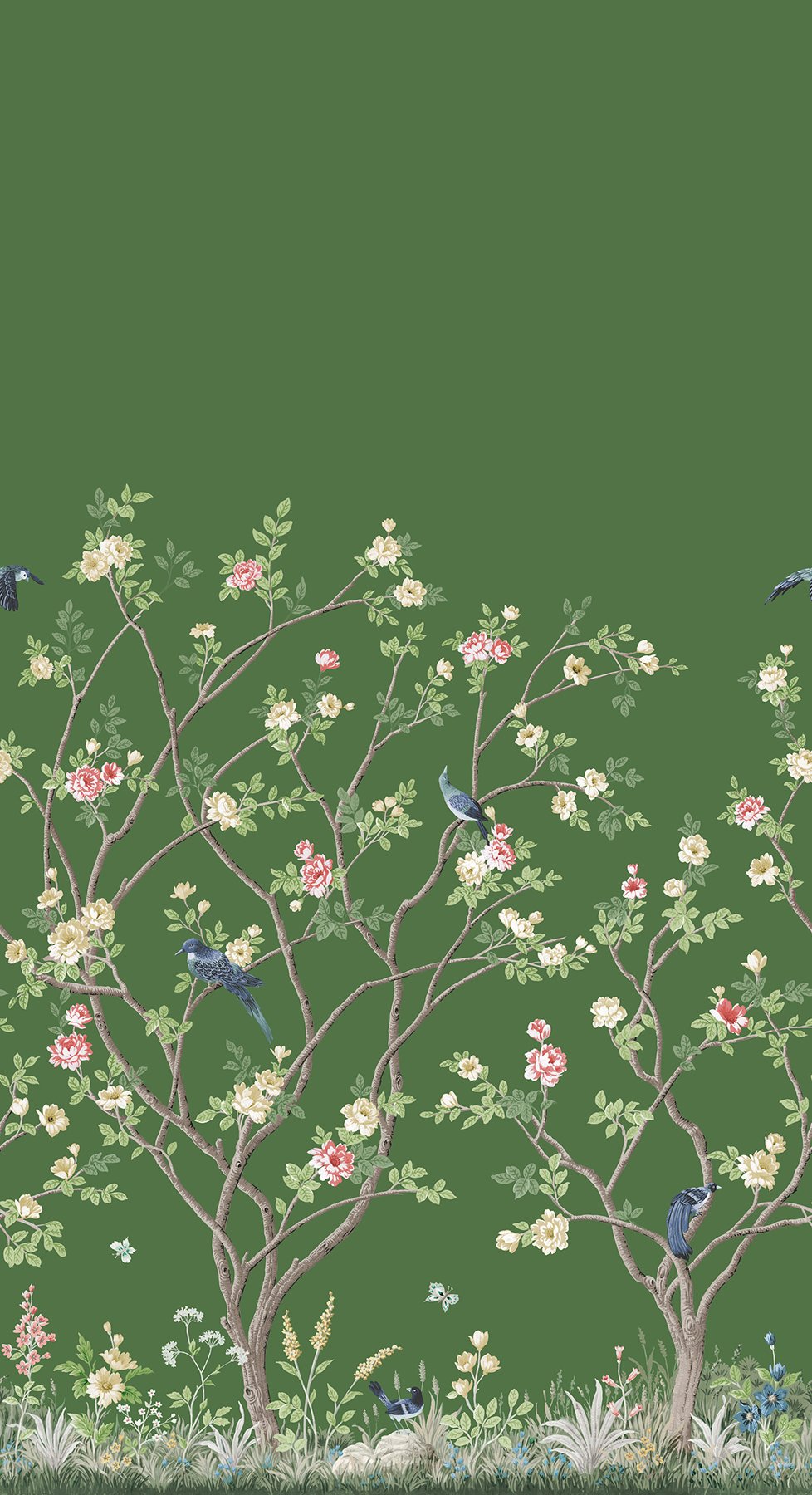 Lingering Garden Green Wall Mural with Chinoiserie Floral and Bird Motif - York MU0316M