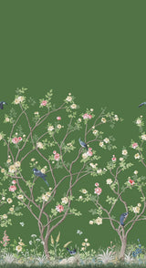 Lingering Garden Green Wall Mural with Chinoiserie Floral and Bird Motif - York MU0316M
