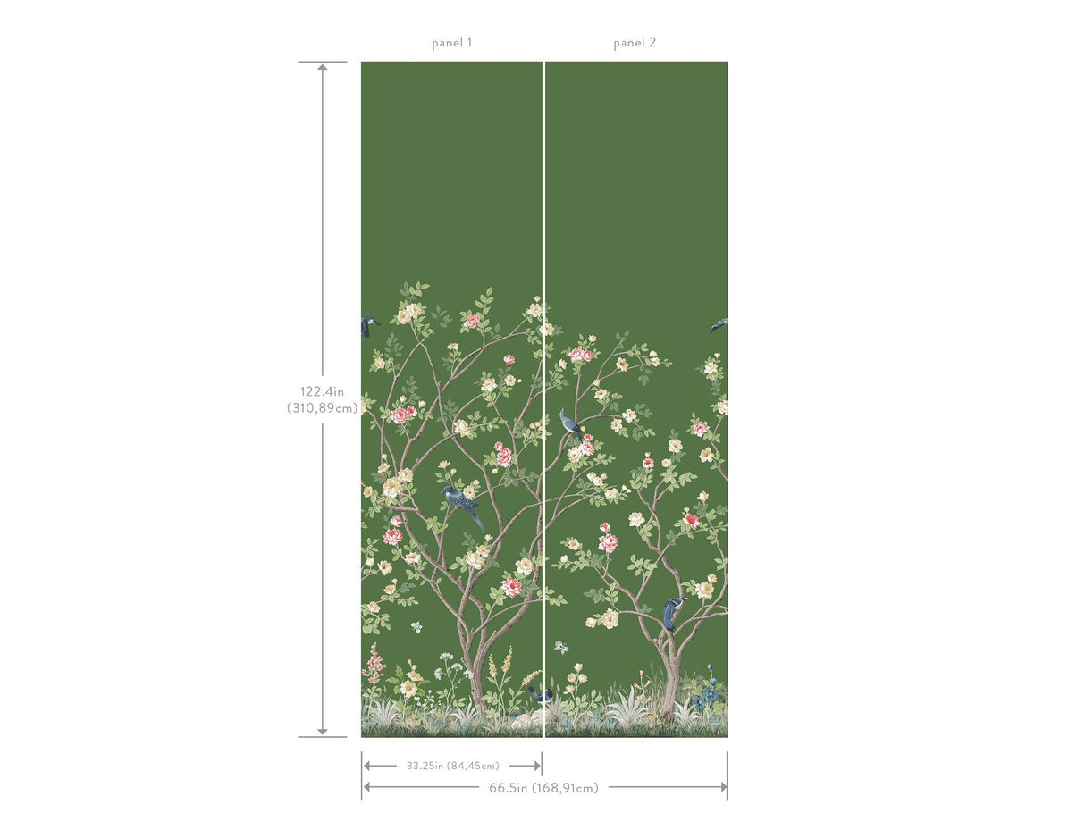 Lingering Garden Green Wall Mural with Chinoiserie Floral and Bird Motif - York MU0316M