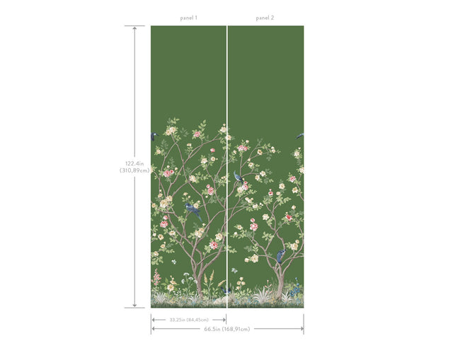 Lingering Garden Green Wall Mural with Chinoiserie Floral and Bird Motif - York MU0316M