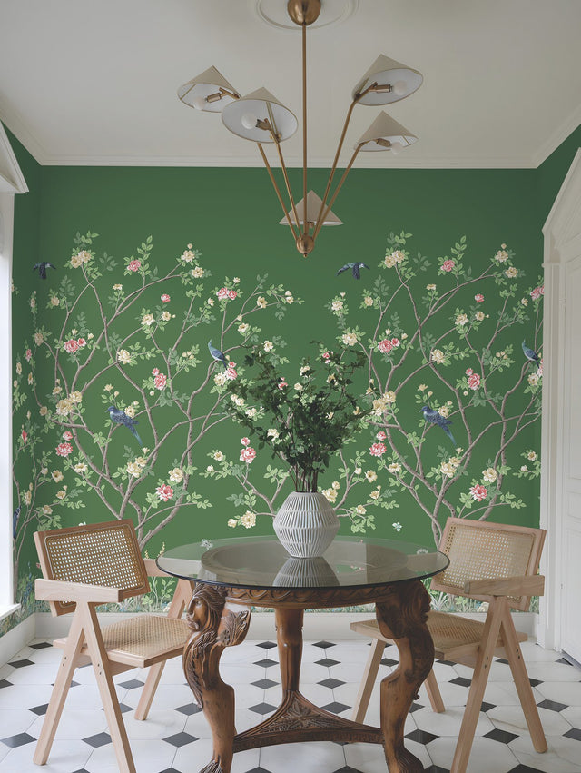 Lingering Garden Green Wall Mural with Chinoiserie Floral and Bird Motif - York MU0316M