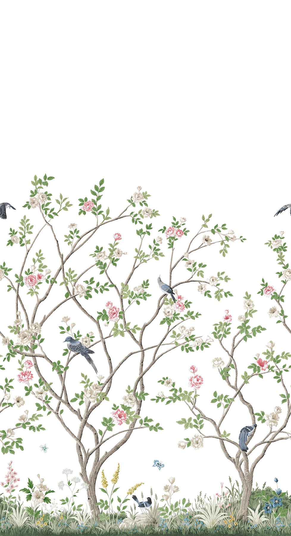 Lingering Garden White Wall Mural with Traditional Floral Chinoiserie Birds - York MU0317M