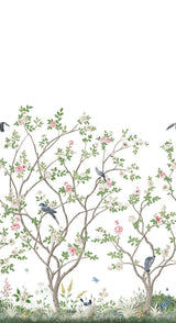 Lingering Garden White Wall Mural with Traditional Floral Chinoiserie Birds - York MU0317M