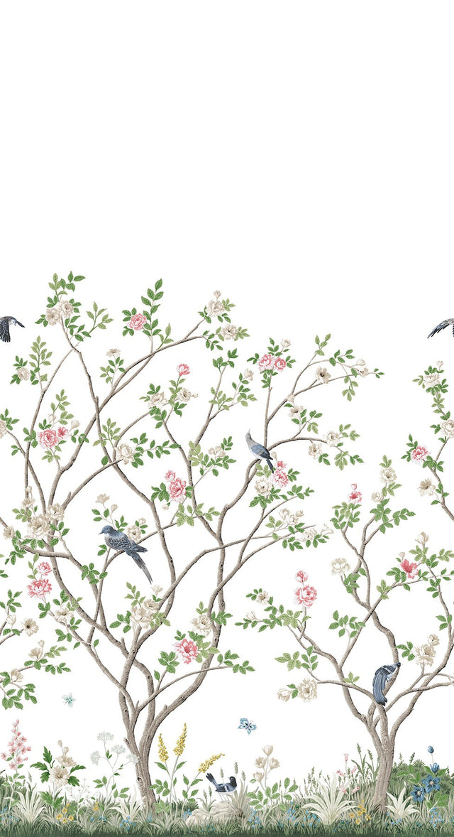 Lingering Garden White Wall Mural with Traditional Floral Chinoiserie Birds - York MU0317M