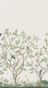 Lingering Garden White Sisal Grasscloth Wall Mural with Traditional Chinoiserie Floral & Bird Motif - York MU0317MSISAL