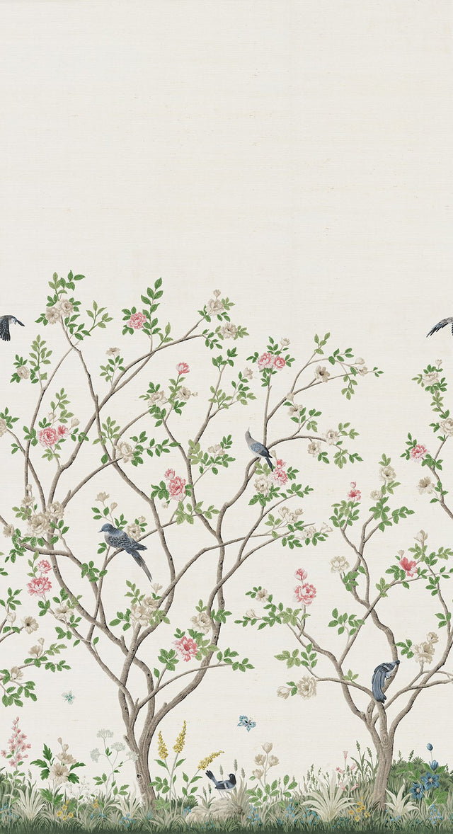 Lingering Garden White Sisal Grasscloth Wall Mural with Traditional Chinoiserie Floral & Bird Motif - York MU0317MSISAL